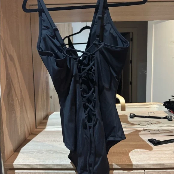 Women’s Black V-Neck One-Piece Swimsuit - Picture 3 of 4